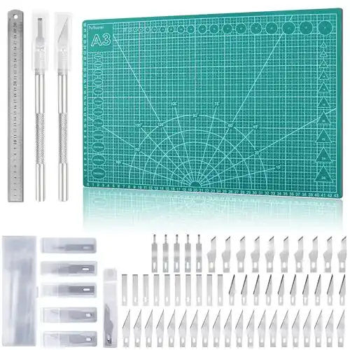 Schneidematte Miuzei Set A3 mit 55 Bastelmessern und Stahllineal