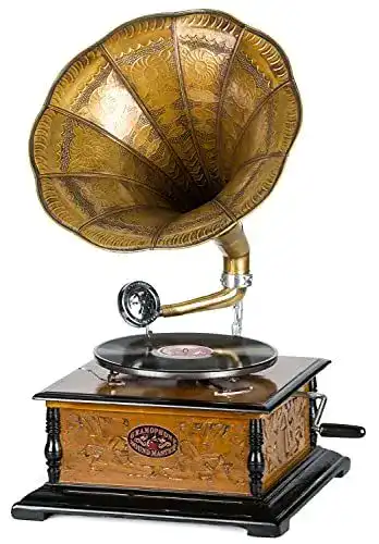 Grammophon Aubaho im antiken Stil mit Schellackplatte und Trichter