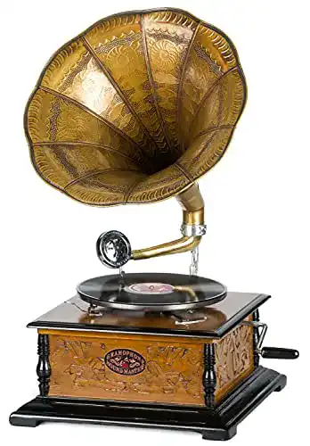 Grammophon Aubaho im antiken Stil mit Schellackplatte und Trichter