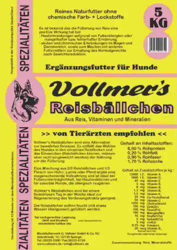Vollmers Hundefutter Reisbällchen 5 kg für Hunde