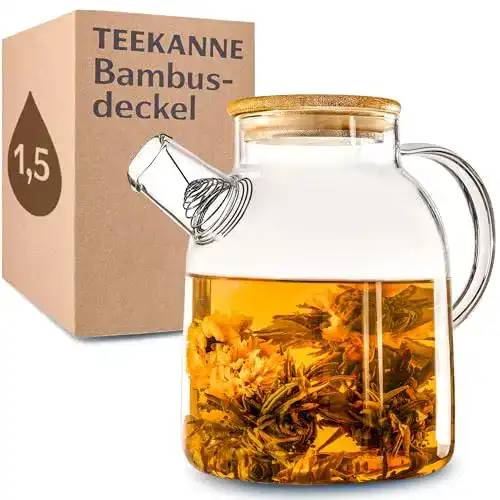 Cosumy Teekanne aus Glas mit Bambusdeckel, 1,5 Liter