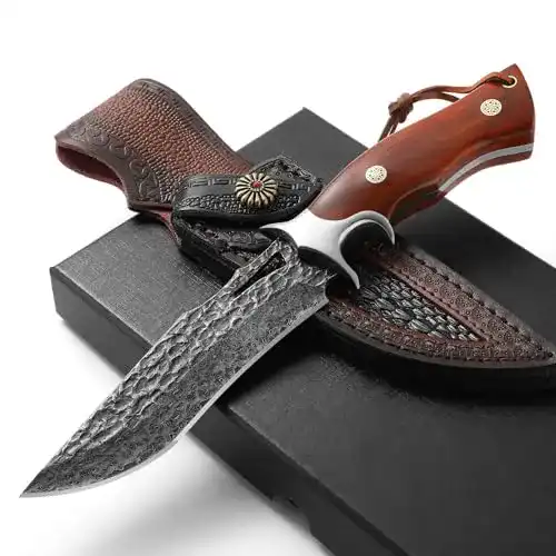 Damast Jagdmesser mit Holzgriff und Lederscheide für Outdoor-Aktivitäten