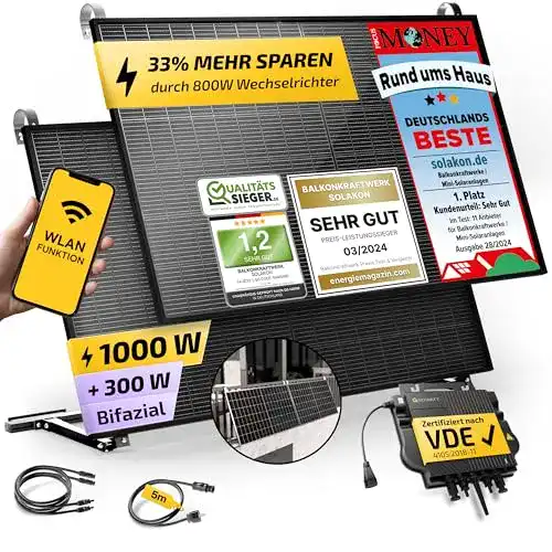 Balkonkraftwerk Solakon 1000W mit Halterung und 800W Wechselrichter