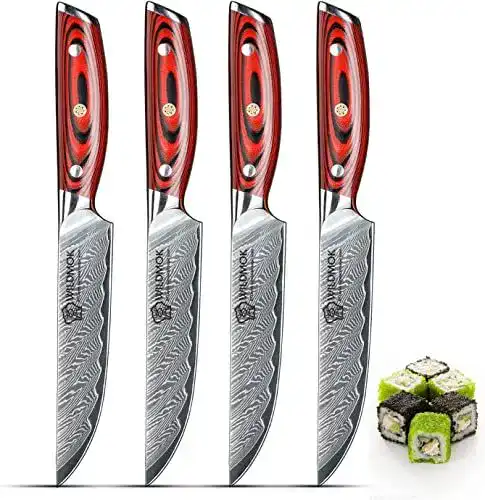 Damast-Steakmesser Set von WILDMOK, 4-teilig, 12cm, VG10 Stahl
