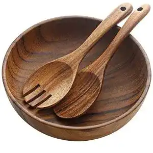 Holzschüssel und Salatbesteck-Set aus Akazienholz