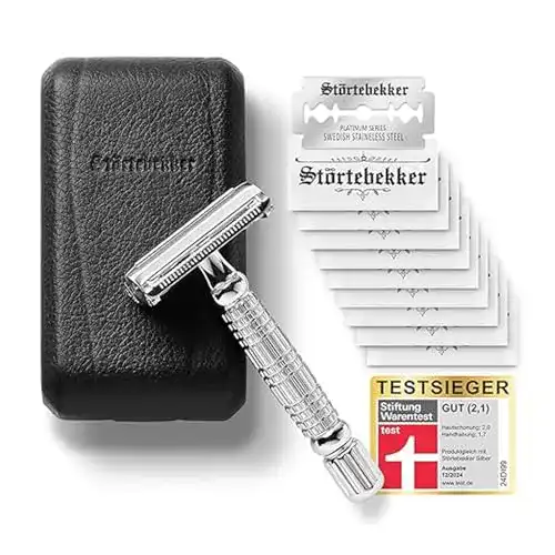 Rasierhobel Störtebekker im Leder-Etui mit 10 Rasierklingen