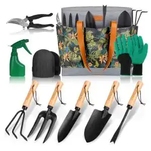 Gartenwerkzeug-Set YAUNGEL, 10-teiliges Set aus Edelstahl mit Holzgriffen