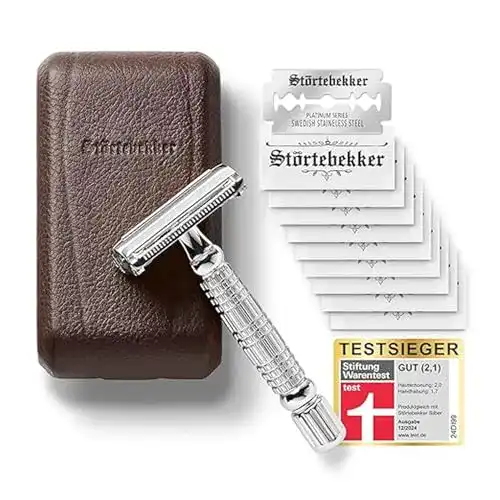 Rasierhobel Störtebekker Premium im Leder-Etui mit 10 Klingen
