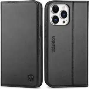 Shieldon Hülle für iPhone 14 Pro Max Echtleder, Kartenfach, Standfunktion, RFID-Sperre