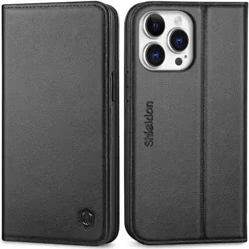 Shieldon Hülle für iPhone 14 Pro Max Echtleder, Kartenfach, Standfunktion, RFID-Sperre
