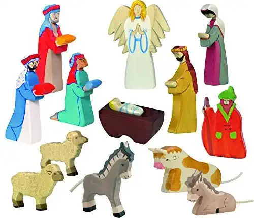 Holztiger Krippenfigur Set mit 13 Figuren und Tieren