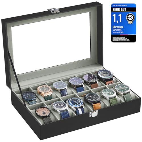 Uhrenbox mit 12 Fächern und Glasdeckel von Songmics