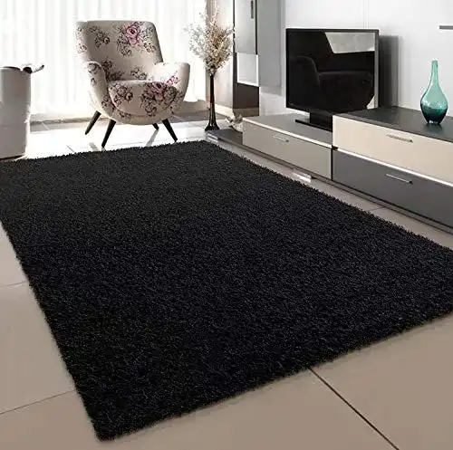 Hochflor Teppich SANAT für Wohnzimmer in Schwarz, 80×150 cm