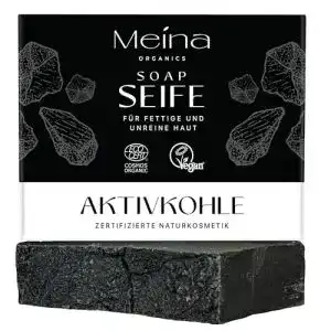 Schwarze Seife Meina mit Aktivkohle gegen Akne und Hautunreinheiten