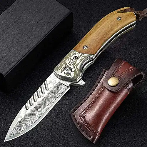 Damast Taschenmesser NedFoss Klappmesser mit 7 cm Klinge und Holzgriff