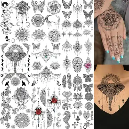 Temporäre Tattoos EGMBGM 28 Blätter Schwarz für Frauen und Mädchen