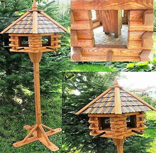 Vogelhaus groß aus Holz mit Ständer und Vorratsfütterung