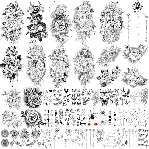 Temporäre Tattoos Yazhiji 49 Blatt große Blumen Kollektion