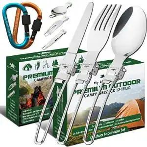 Campingbesteck My Smart Grandpa Doppelpack mit Karabinerhaken und Wetzstein