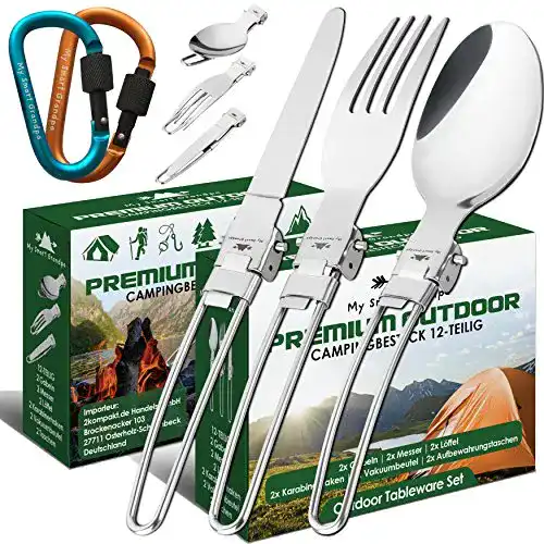 Campingbesteck My Smart Grandpa Doppelpack mit Karabinerhaken und Wetzstein