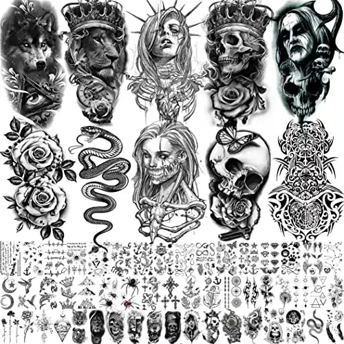 Temporäre Tattoos Shegazzi Set mit 62 Blättern – Wolf und Löwe Designs