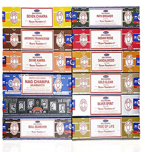 Satya Räucherstäbchen 15 g – 12 Packungen mit verschiedenen Düften