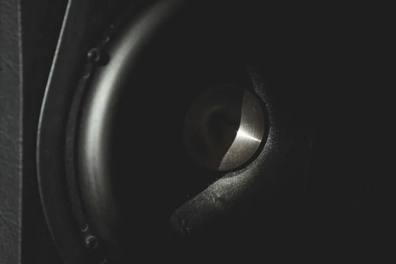 Nahaufnahme der Membran und Sicke eines 1000-Watt-Subwoofers, die feine Textur und Verarbeitung zeigt.