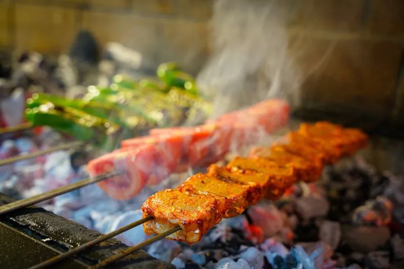 Ein gedeckter Gartentisch mit köstlichen Adana-Spießen, frischem Salat und Grillgemüse, fertig zum Genuss.