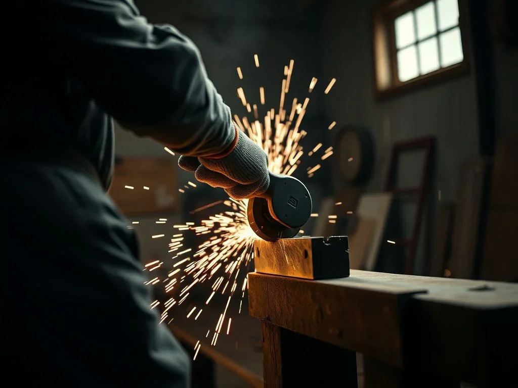 Handwerker beim Trennen eines Metallträgers mit einem leistungsstarken AEG 230 mm Winkelschleifer in einer Werkstatt.