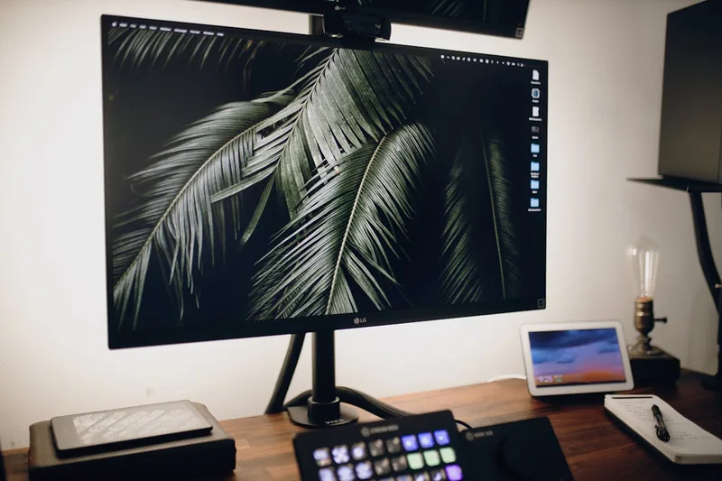 Ein aufgeräumtes Home-Office mit einem All-in-one-PC als zentralem Element, stilvolles Ambiente.