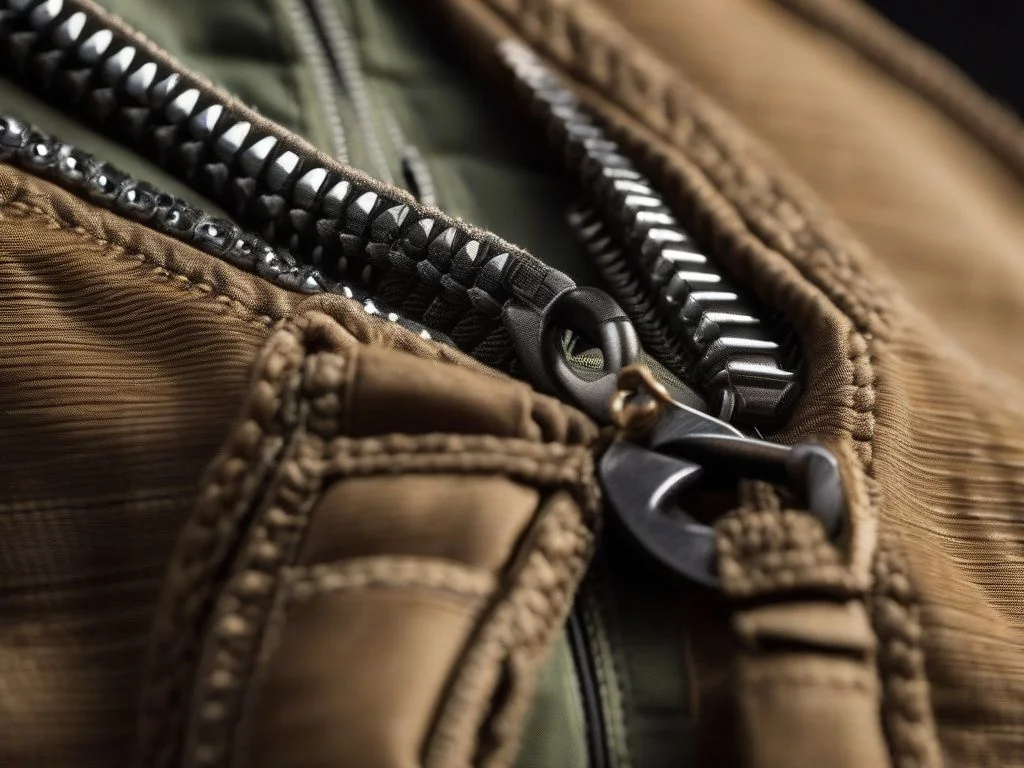 Detailaufnahme einer Anglerweste mit geöffneter Reißverschlusstasche, gut sichtbares, robustes Material und saubere Verarbeitung.