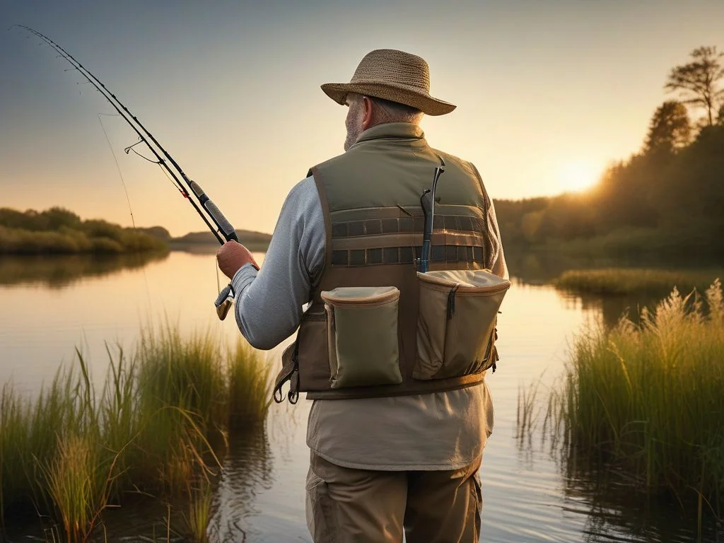 Angler von hinten am Flussufer mit einer Anglerweste, die viele Köder und Zubehör griffbereit hält.