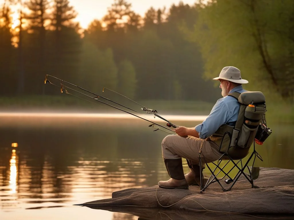 Entspannter Angler in Anglerweste am Seeufer bei Sonnenuntergang, alle Utensilien sind in den Westentaschen verstaut.