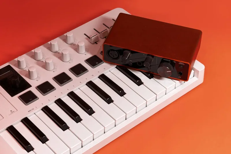 Hochwertiges Audio-Interface, auf einem weißen Hintergrund fotografiert, ohne Ablenkungen.
