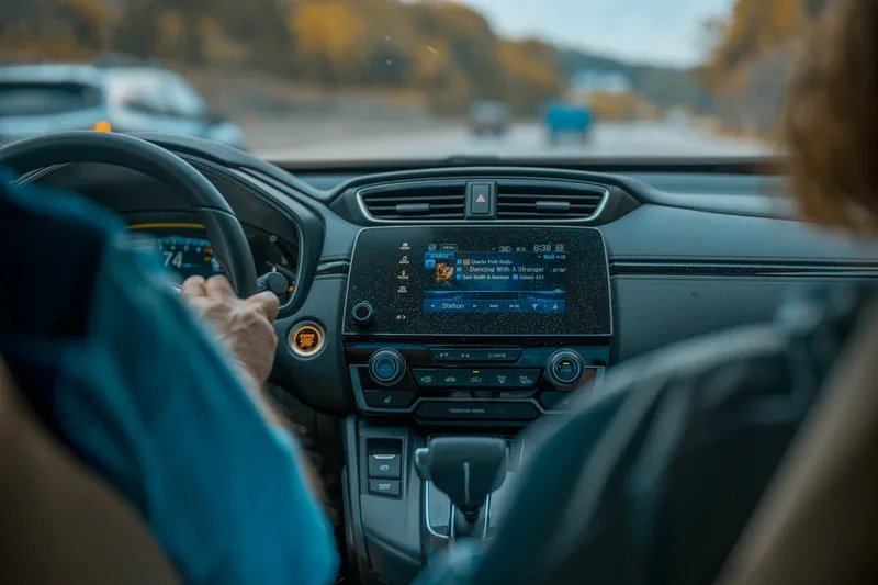 Eine Person bedient während der Fahrt das Autoradio-Display zur Musikauswahl.