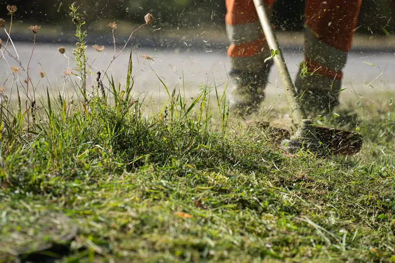 Eine moderne Motorsense, stehend auf weißem Hintergrund, bereit für die Gartenarbeit.