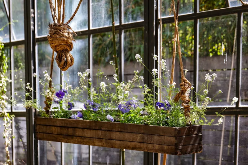 Eine Person pflanzt bunte Blumen in einen ökologischen Holz Blumenkasten auf einem Balkon.