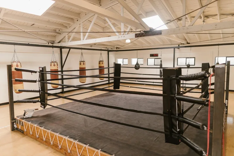 Atmosphärischer Blick in eine Boxhalle mit Sandsäcken und Trainingsgeräten, bereit für Boxer.