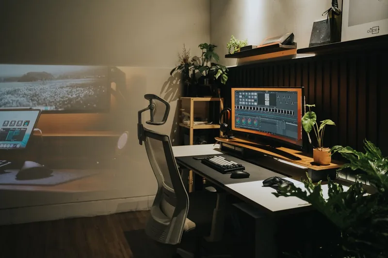 Modernes Home-Office mit Schreibtisch, Bildschirm und einem ergonomischen Bürostuhl für Produktivität.