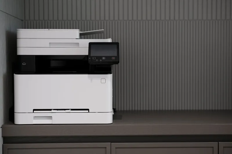 Hochwertiger Multifunktionsdrucker im modernen Design, freigestellt auf weißem Hintergrund.
