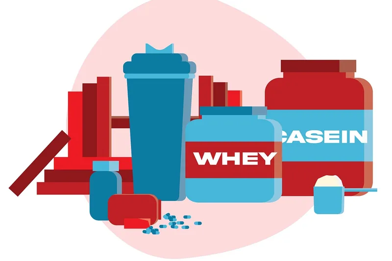 Ein geschlossener Behälter mit Casein-Proteinpulver, klar erkennbar vor einem neutralen Hintergrund.