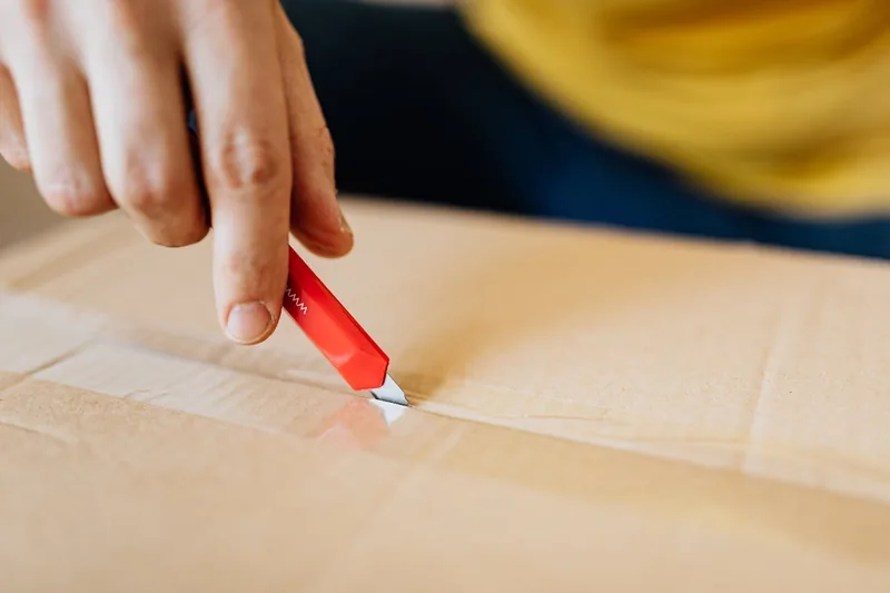 Eine Person schneidet präzise Karton mit einem ergonomischen Cuttermesser, Fokus auf die Hand.