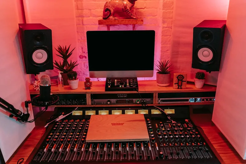 Das Setting eines professionellen Musikstudios mit vielfältigem Audio-Equipment und Di-Boxen.