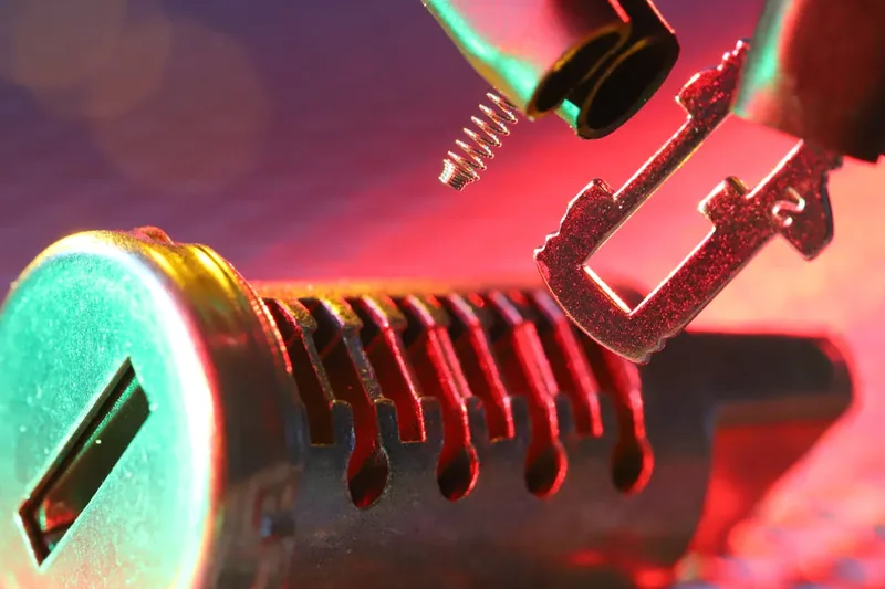 Nahaufnahme des robusten Schließmechanismus der Sicherheitsequipment Kassette, zeigt Qualität.