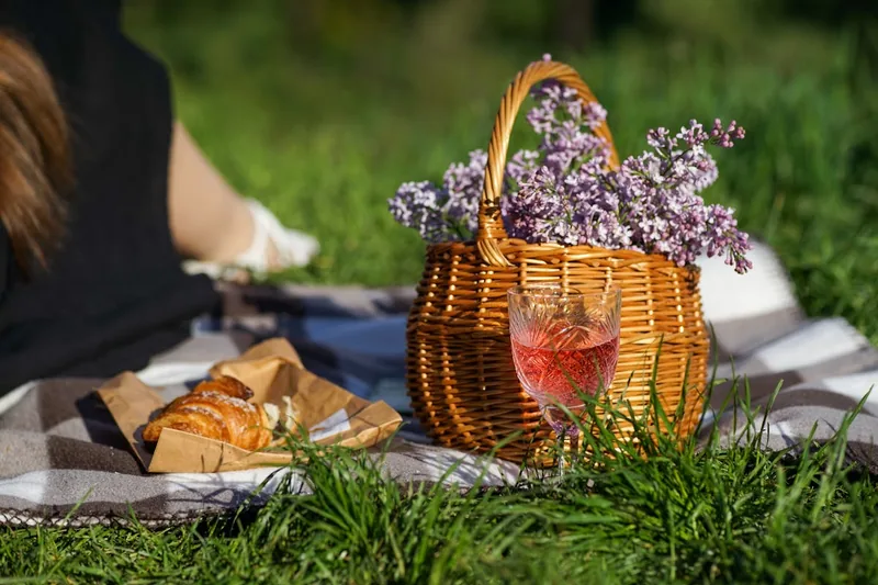 Ein stilvoller Einkaufskorb neben einer Picknickdecke im Grünen, entspanntes Ambiente.