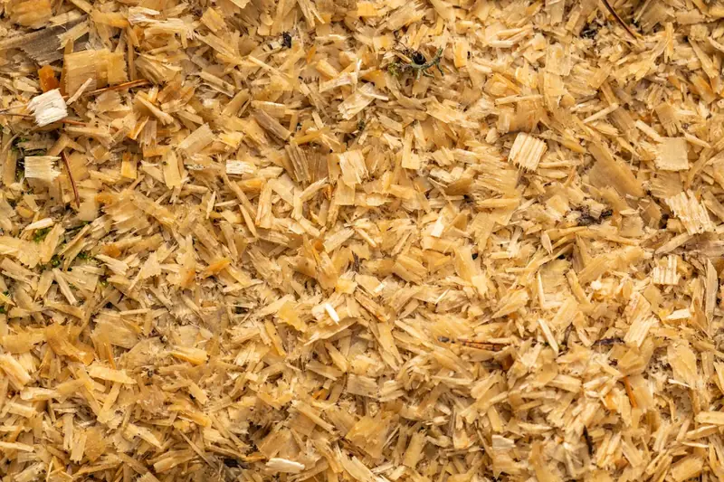 Nahaufnahme von Holzspäne-Einstreu, die Textur und Sauberkeit zeigt.