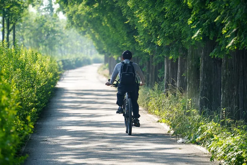 Ein Radfahrer fährt auf einer Landstraße und trägt einen eng anliegenden Fahrradrucksack, der optimal sitzt.