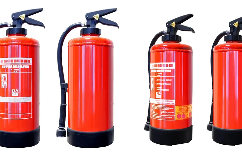 Ein roter Feuerlöscher steht bereit, klar erkennbar mit Düse und Manometer, auf neutralem Hintergrund.