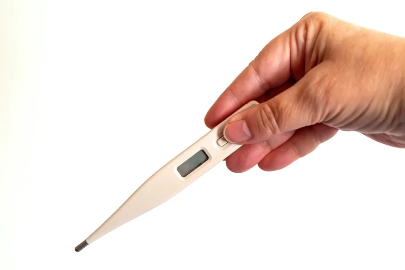 Eine Person misst Fieber mit einem Ohrthermometer, fokus auf korrekter Anwendung.