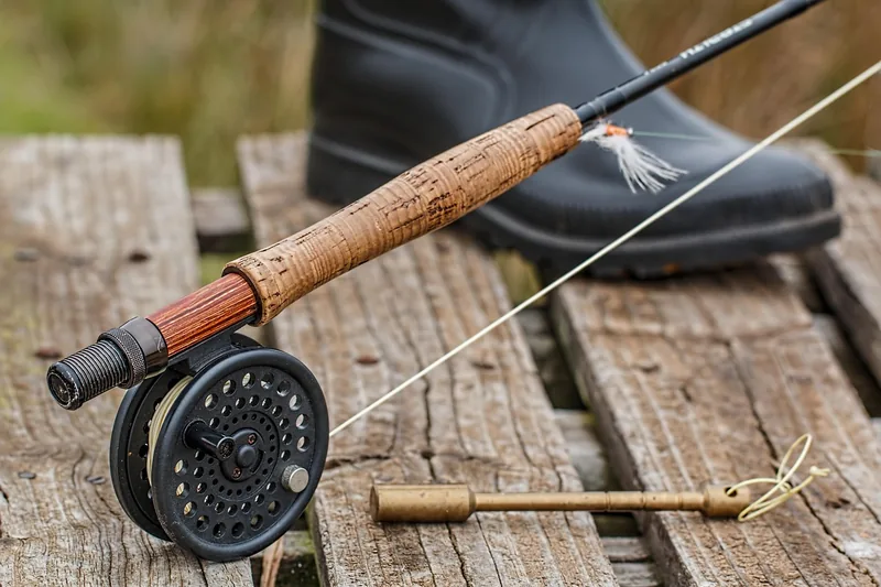 Angler hält eine Forellenrute mit montierter Rolle beim Auswerfen an einem natürlichen Gewässer.